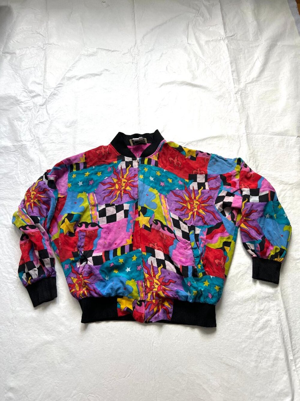 Vintage 90s bomber jacket womens Medium silk multicolor sun checker zip up pink
